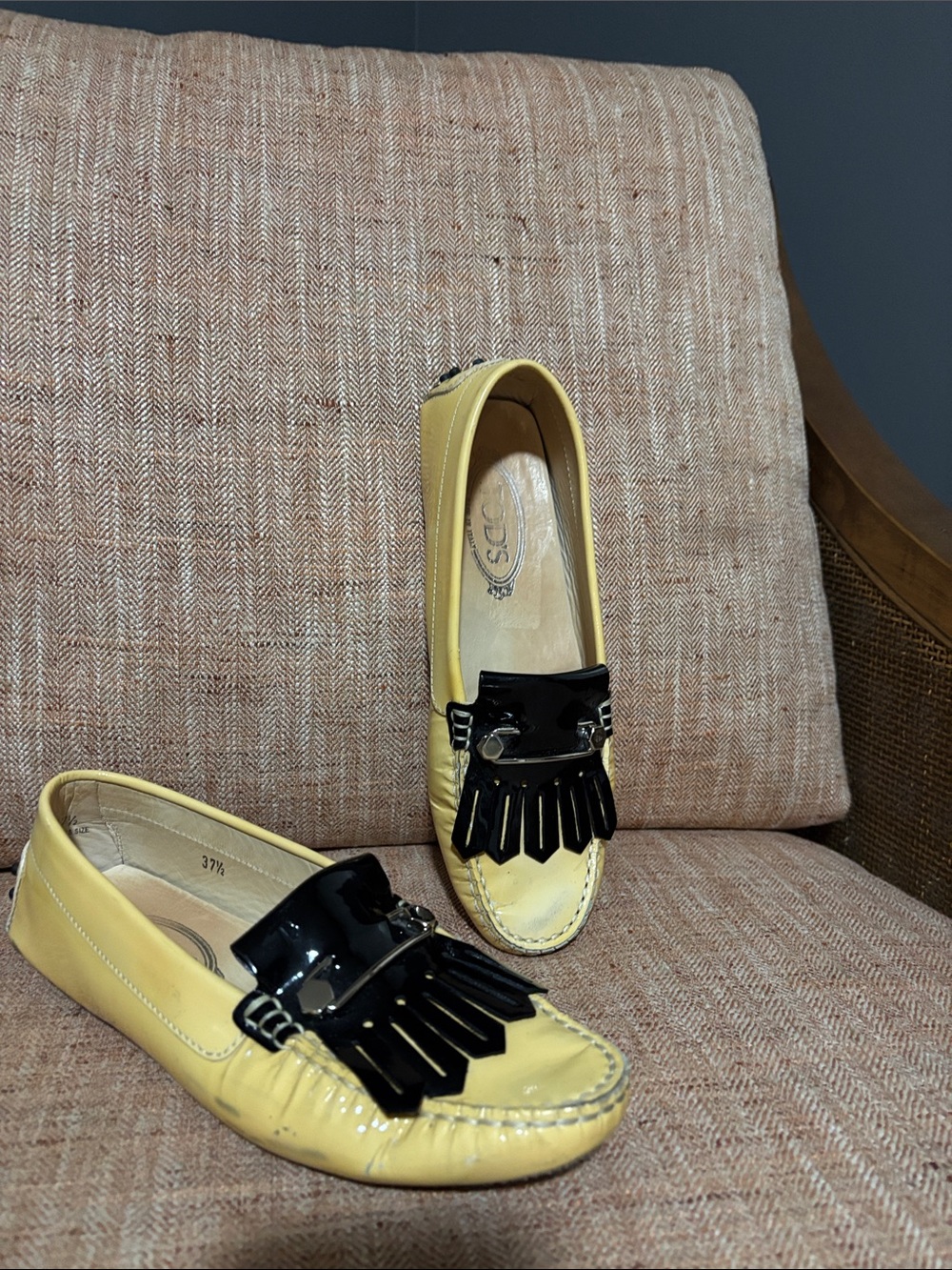 Tod’s Yellow Women’s Fringe Driving Loafers with Black Patent Trim